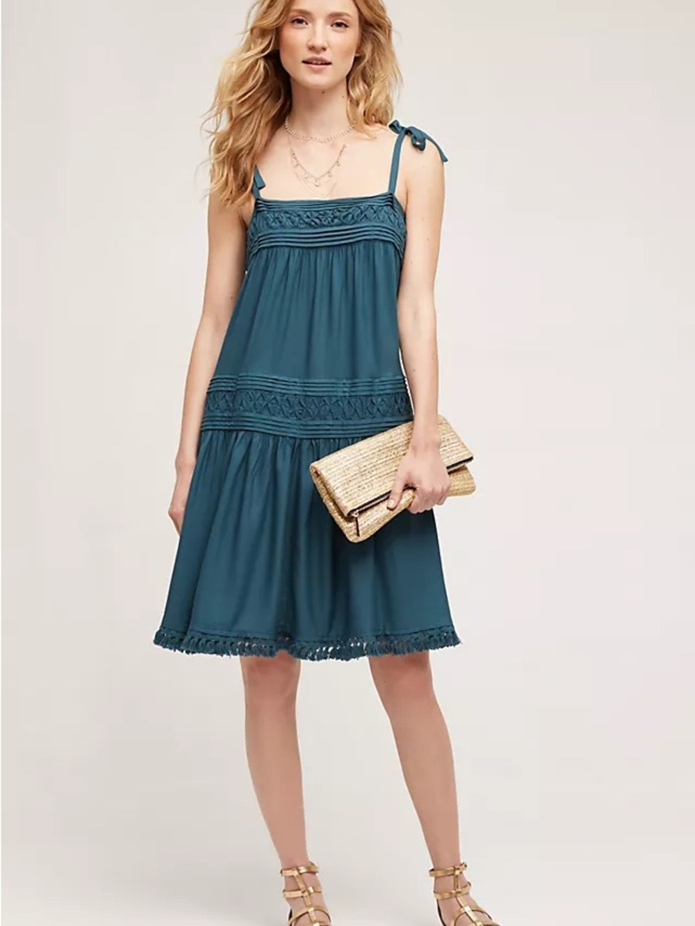 Floreat Anthropologie Senna Teal Tie-Shoulder Crochet-Trim Mini Dress